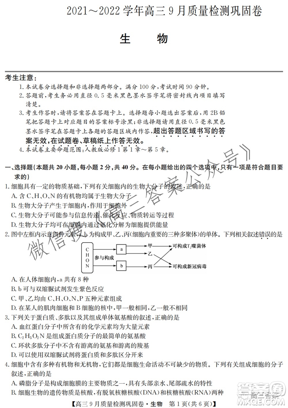 九師聯(lián)盟2021-2022學(xué)年高三9月質(zhì)量檢測鞏固卷生物試題及答案