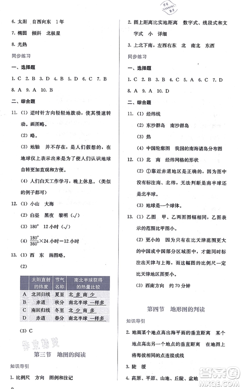 人民教育出版社2021同步解析與測評七年級地理上冊人教版答案