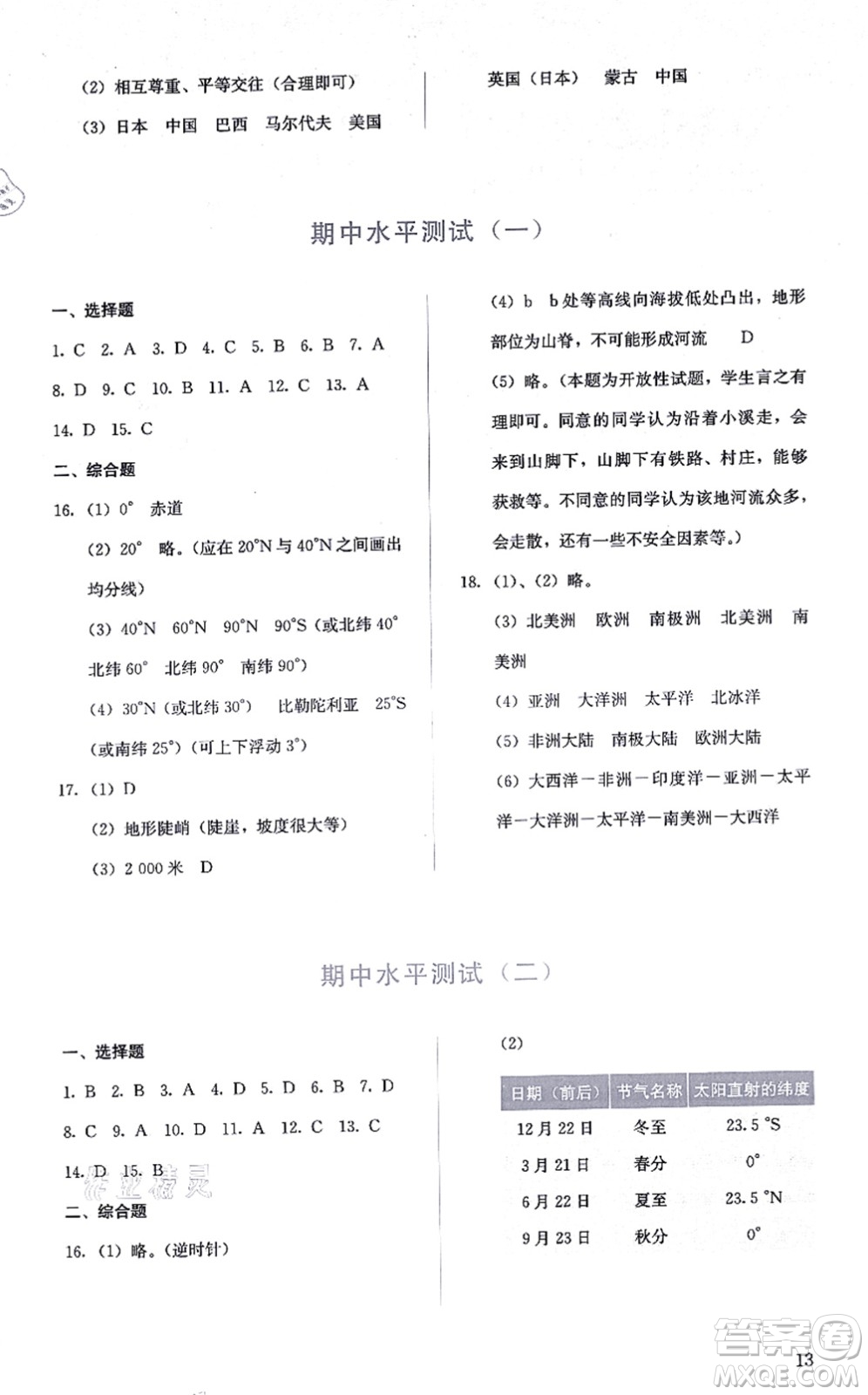 人民教育出版社2021同步解析與測評七年級地理上冊人教版答案