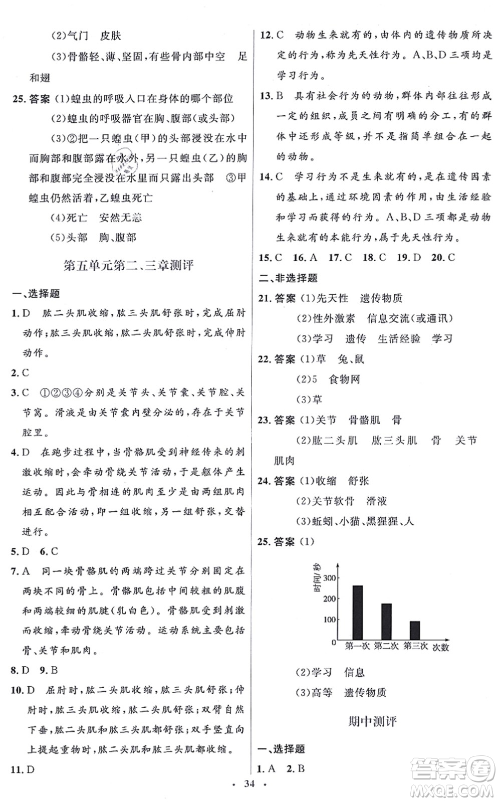 人民教育出版社2021同步解析與測評學(xué)考練八年級生物上冊人教版答案