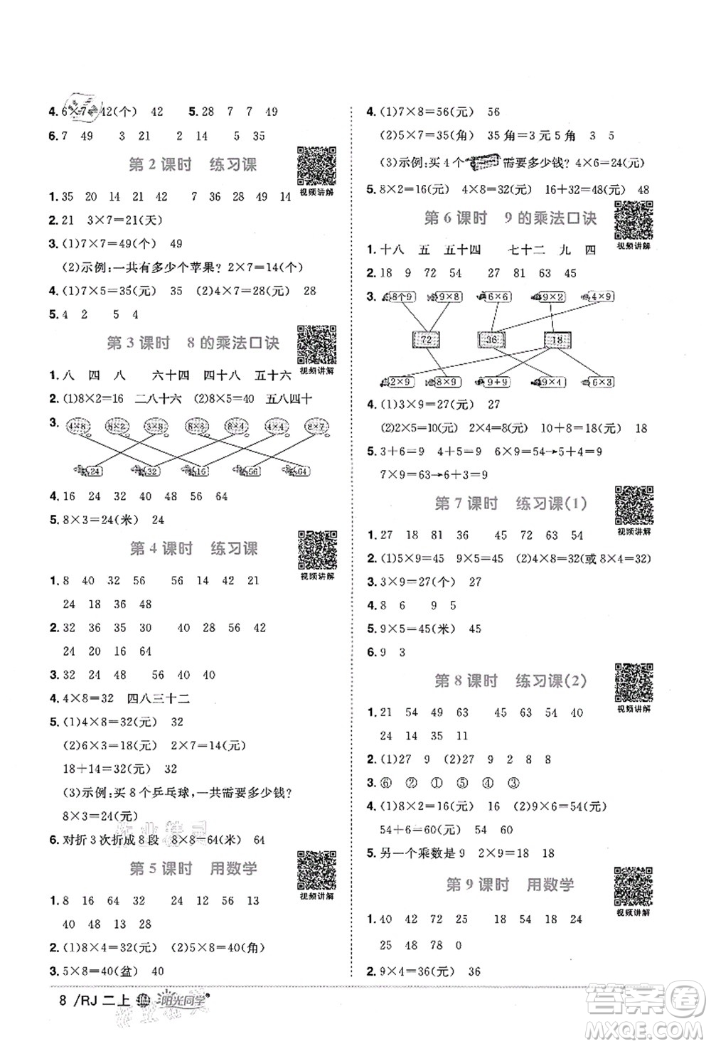 江西教育出版社2021陽光同學課時優(yōu)化作業(yè)二年級數(shù)學上冊RJ人教版江門專版答案
