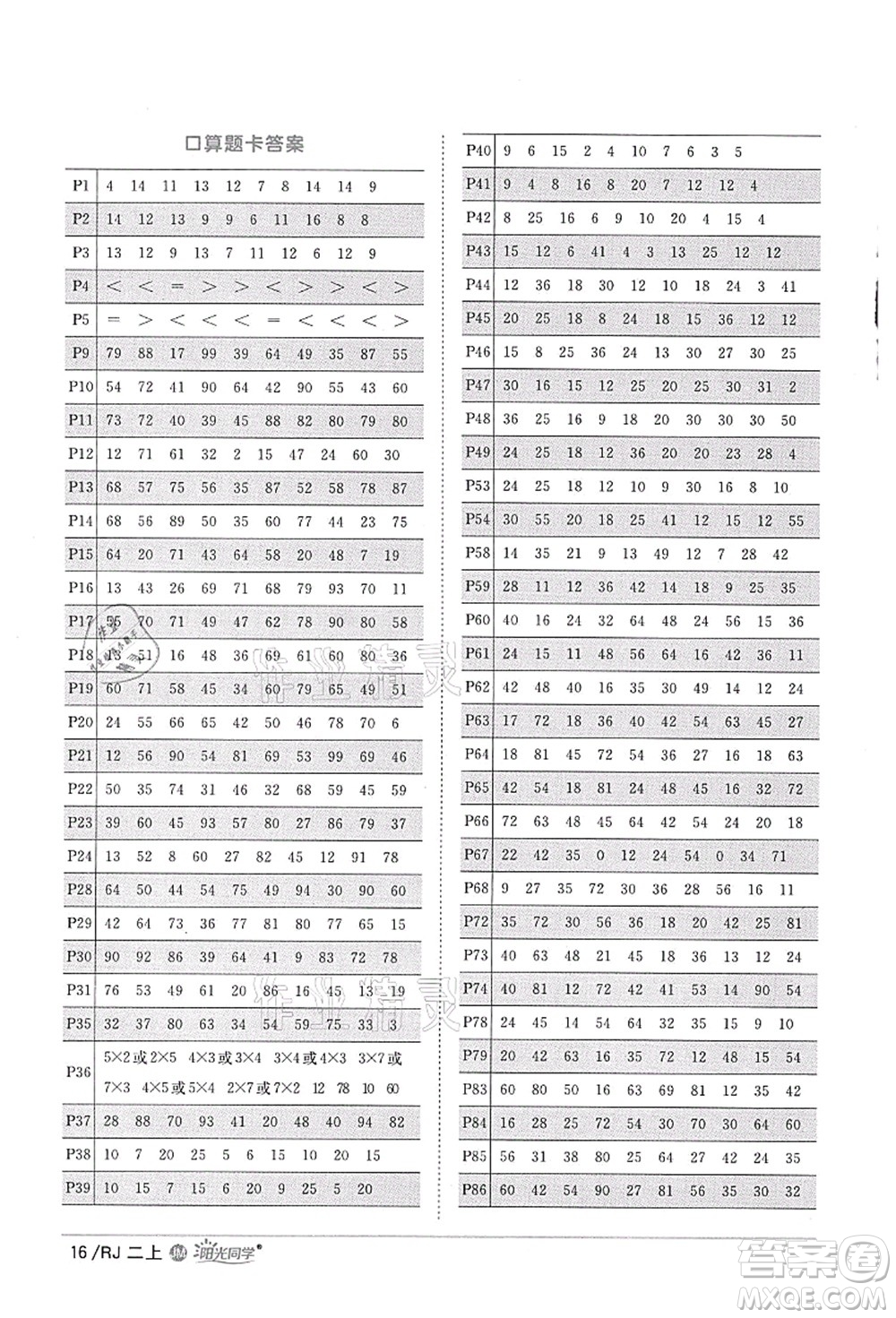 江西教育出版社2021陽光同學課時優(yōu)化作業(yè)二年級數(shù)學上冊RJ人教版江門專版答案