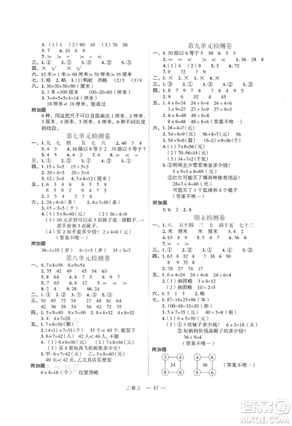 浙江工商大學(xué)出版社2021名師面對(duì)面先學(xué)后練二年級(jí)上冊(cè)數(shù)學(xué)北師大版參考答案