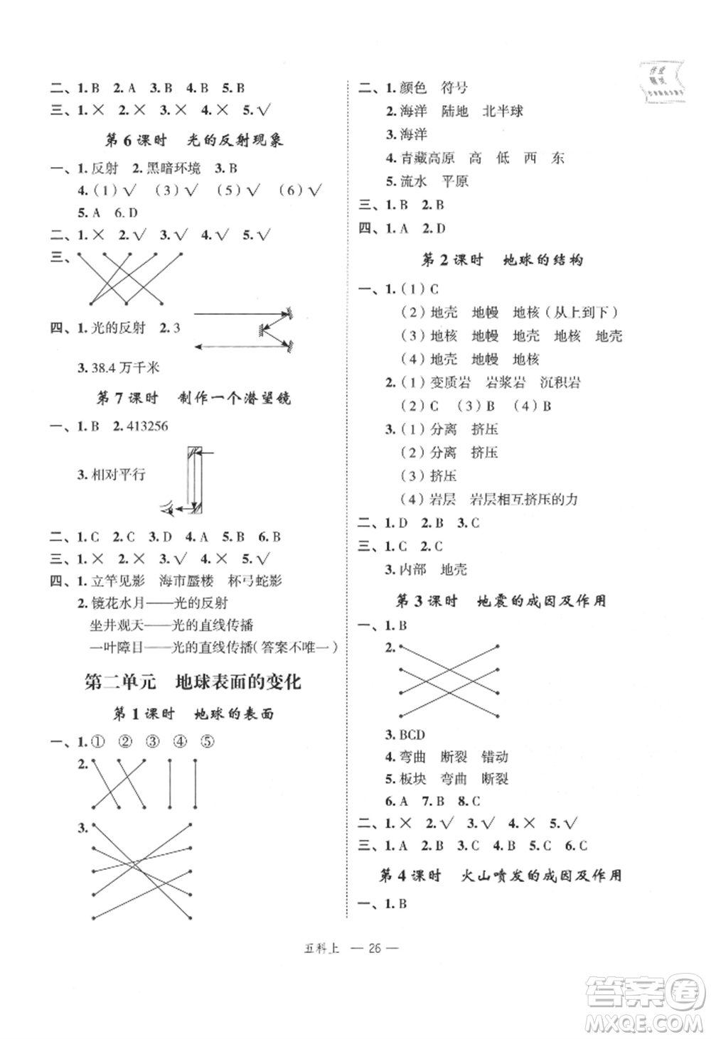 浙江工商大學(xué)出版社2021名師面對面先學(xué)后練五年級上冊科學(xué)人教版參考答案