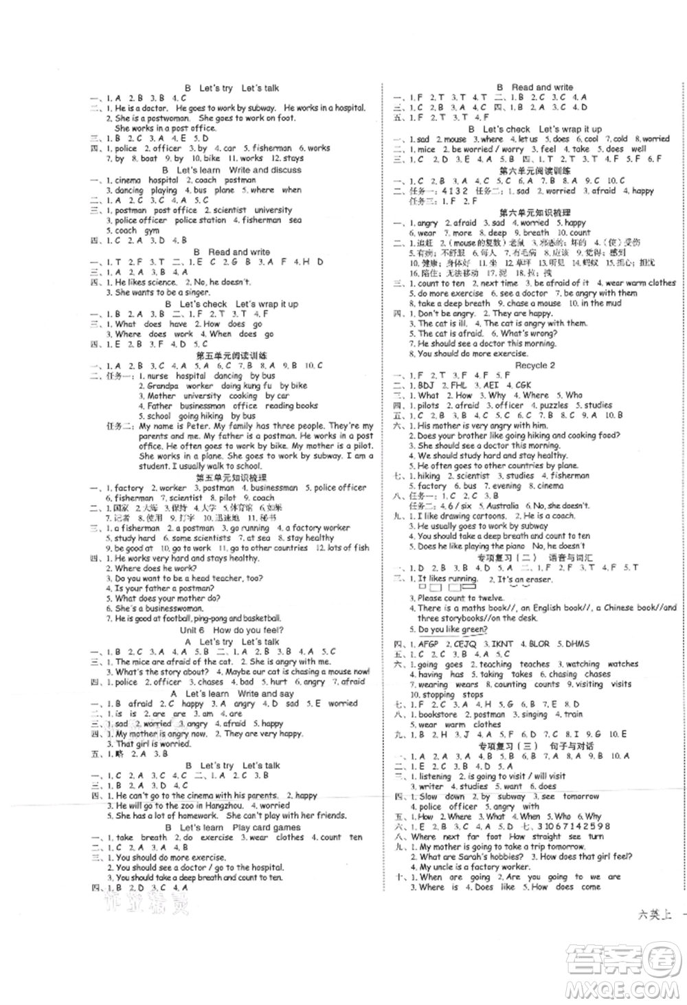 浙江工商大學(xué)出版社2021名師面對面先學(xué)后練六年級上冊英語人教版參考答案