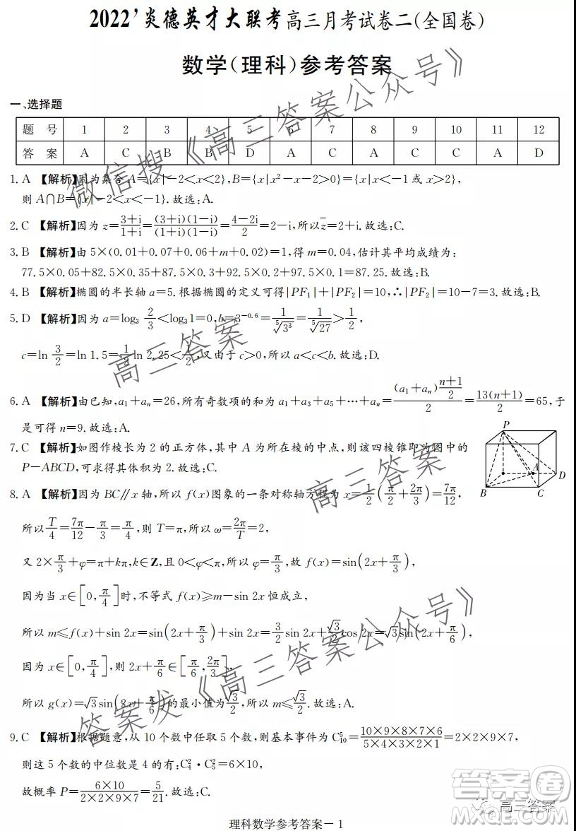 2022屆炎德英才大聯(lián)考高三月考試卷二全國卷理科數(shù)學(xué)試題及答案
