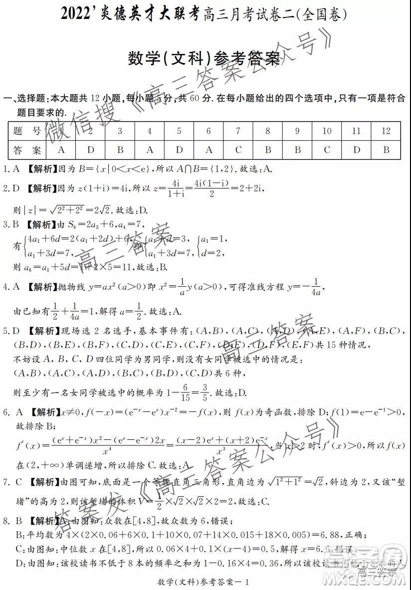 2022屆炎德英才大聯(lián)考高三月考試卷二全國(guó)卷文科數(shù)學(xué)試題及答案