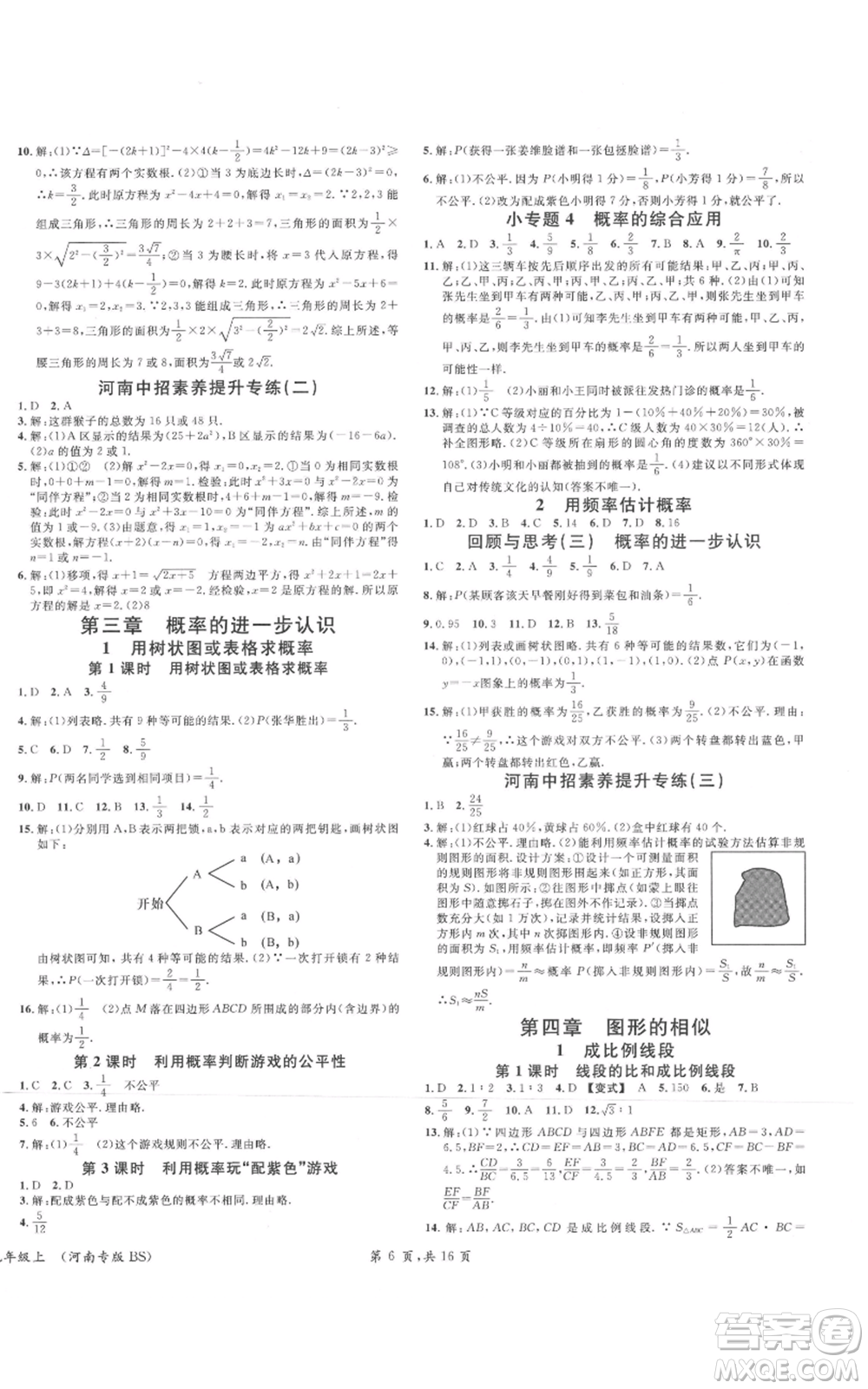 開明出版社2021名校課堂九年級上冊數(shù)學(xué)拔高題課時練北師大版河南專版參考答案