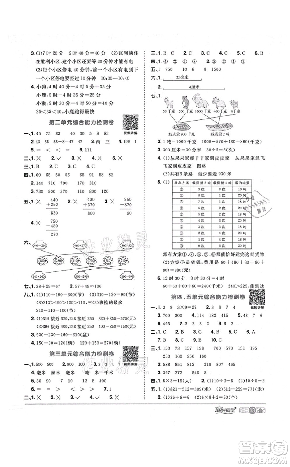 江西教育出版社2021陽光同學(xué)課時(shí)優(yōu)化作業(yè)三年級數(shù)學(xué)上冊RJ人教版答案