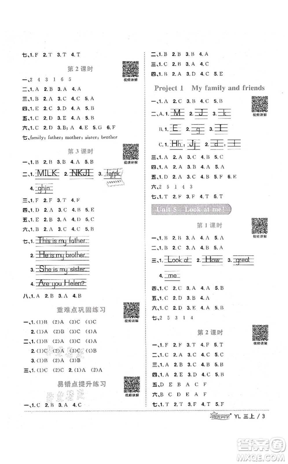 江西教育出版社2021陽光同學課時優(yōu)化作業(yè)三年級英語上冊YL譯林版淮宿連專版答案