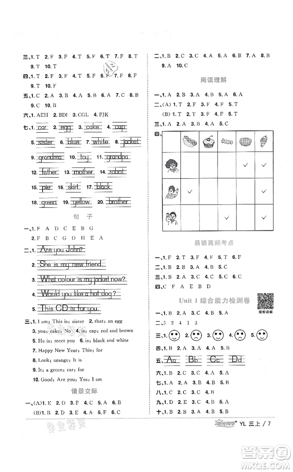 江西教育出版社2021陽光同學課時優(yōu)化作業(yè)三年級英語上冊YL譯林版淮宿連專版答案