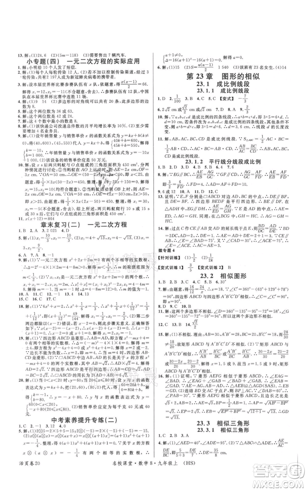 廣東經(jīng)濟(jì)出版社2021名校課堂九年級上冊數(shù)學(xué)華師大版參考答案