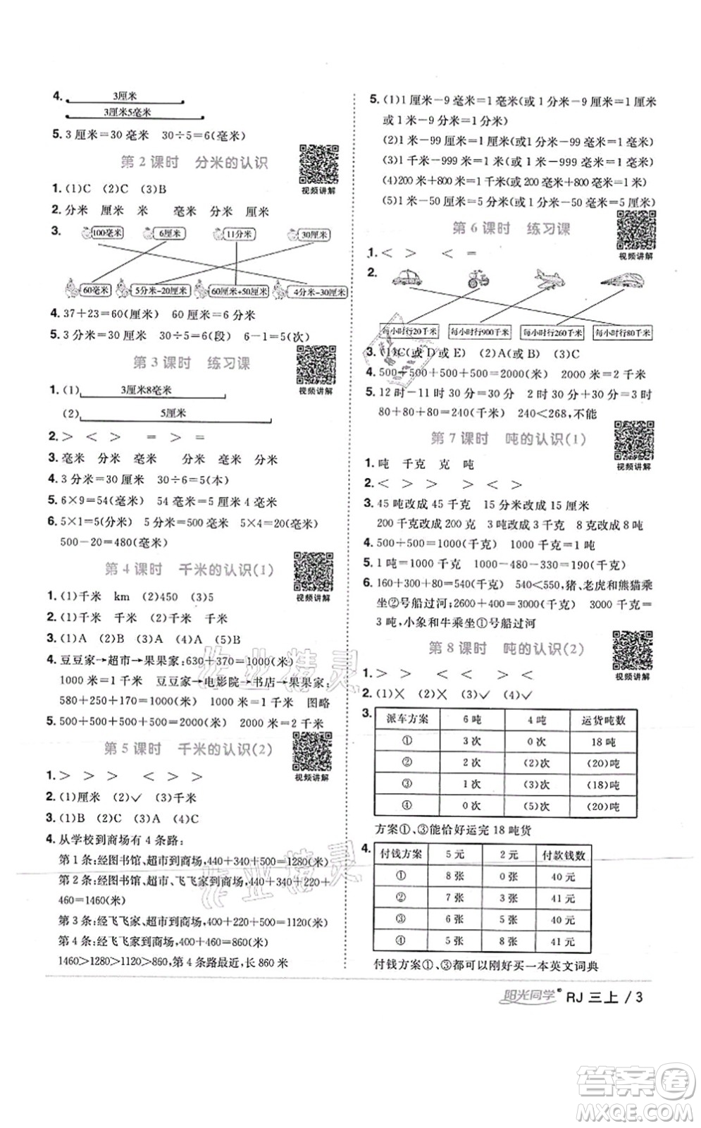 江西教育出版社2021陽光同學(xué)課時(shí)優(yōu)化作業(yè)三年級數(shù)學(xué)上冊RJ人教版湖北專版答案