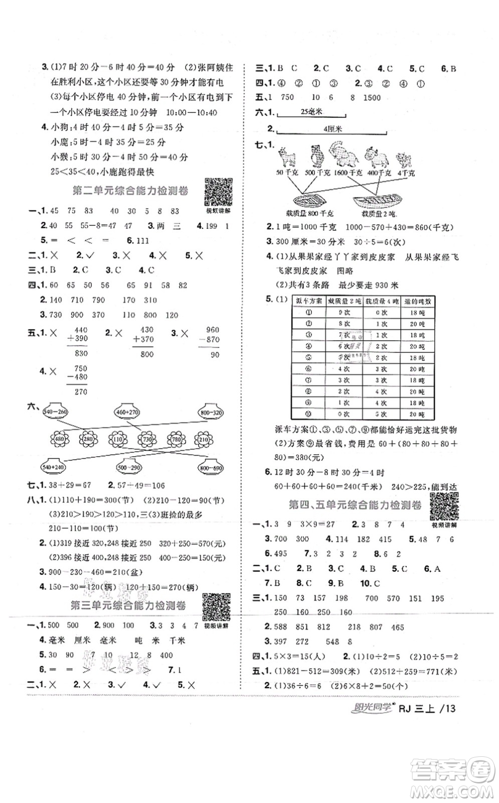 江西教育出版社2021陽光同學(xué)課時(shí)優(yōu)化作業(yè)三年級數(shù)學(xué)上冊RJ人教版湖北專版答案