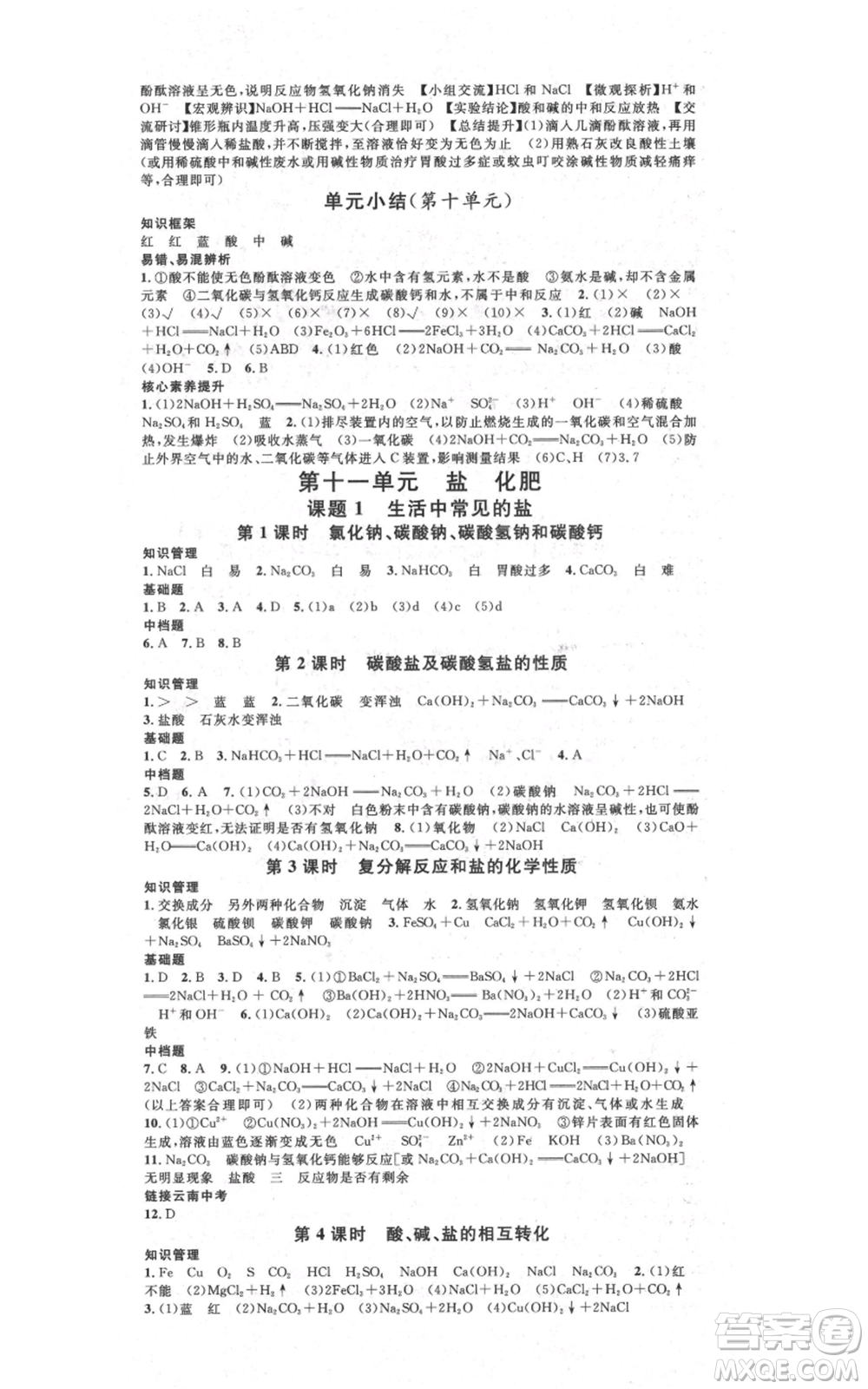 吉林教育出版社2021名校課堂滾動學習法九年級化學人教版背記手冊云南專版參考答案