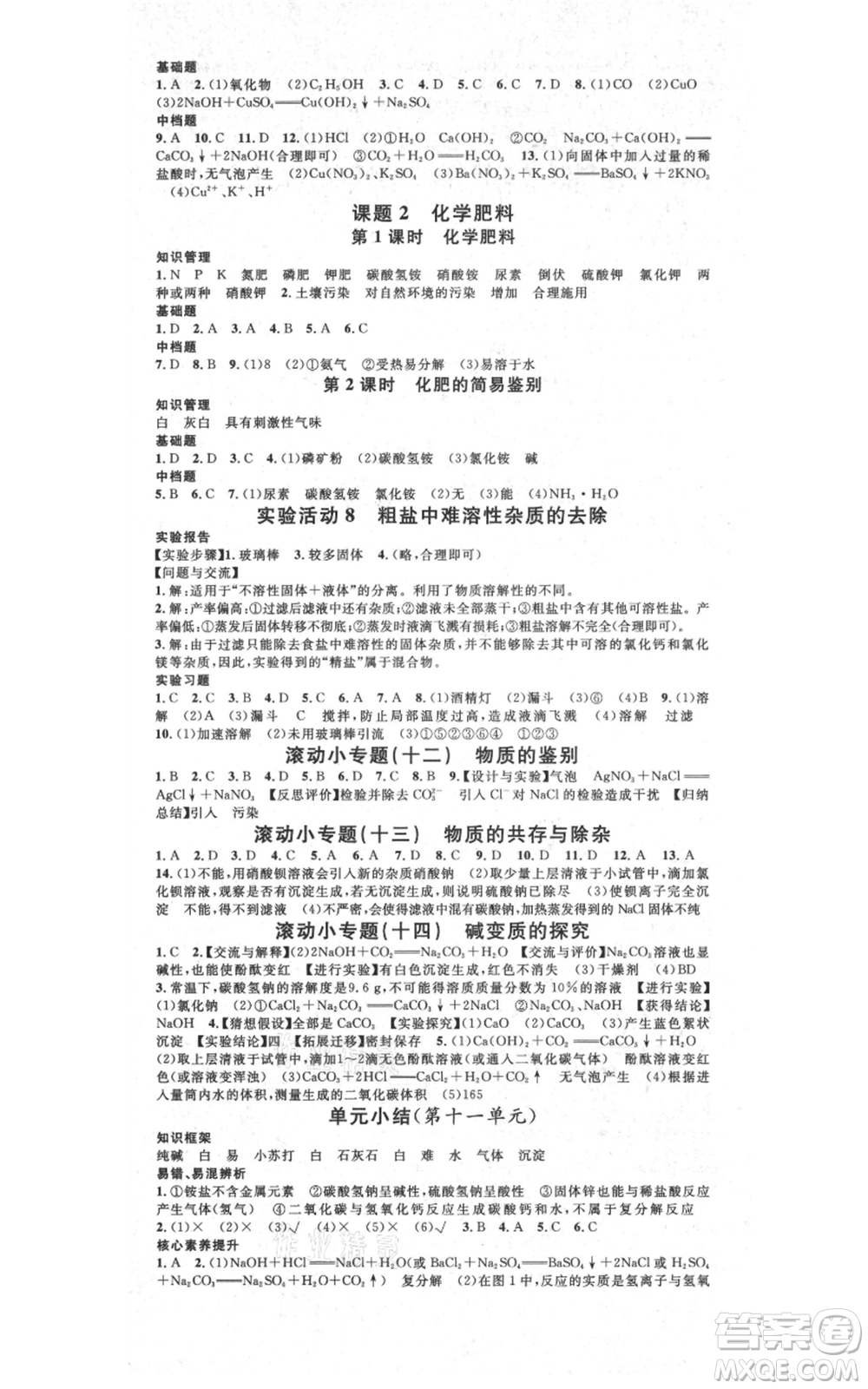 吉林教育出版社2021名校課堂滾動學習法九年級化學人教版背記手冊云南專版參考答案