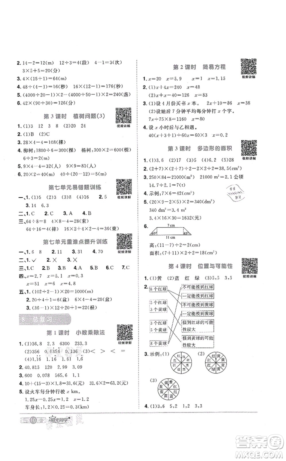 江西教育出版社2021陽光同學(xué)課時(shí)優(yōu)化作業(yè)五年級數(shù)學(xué)上冊RJ人教版菏澤專版答案