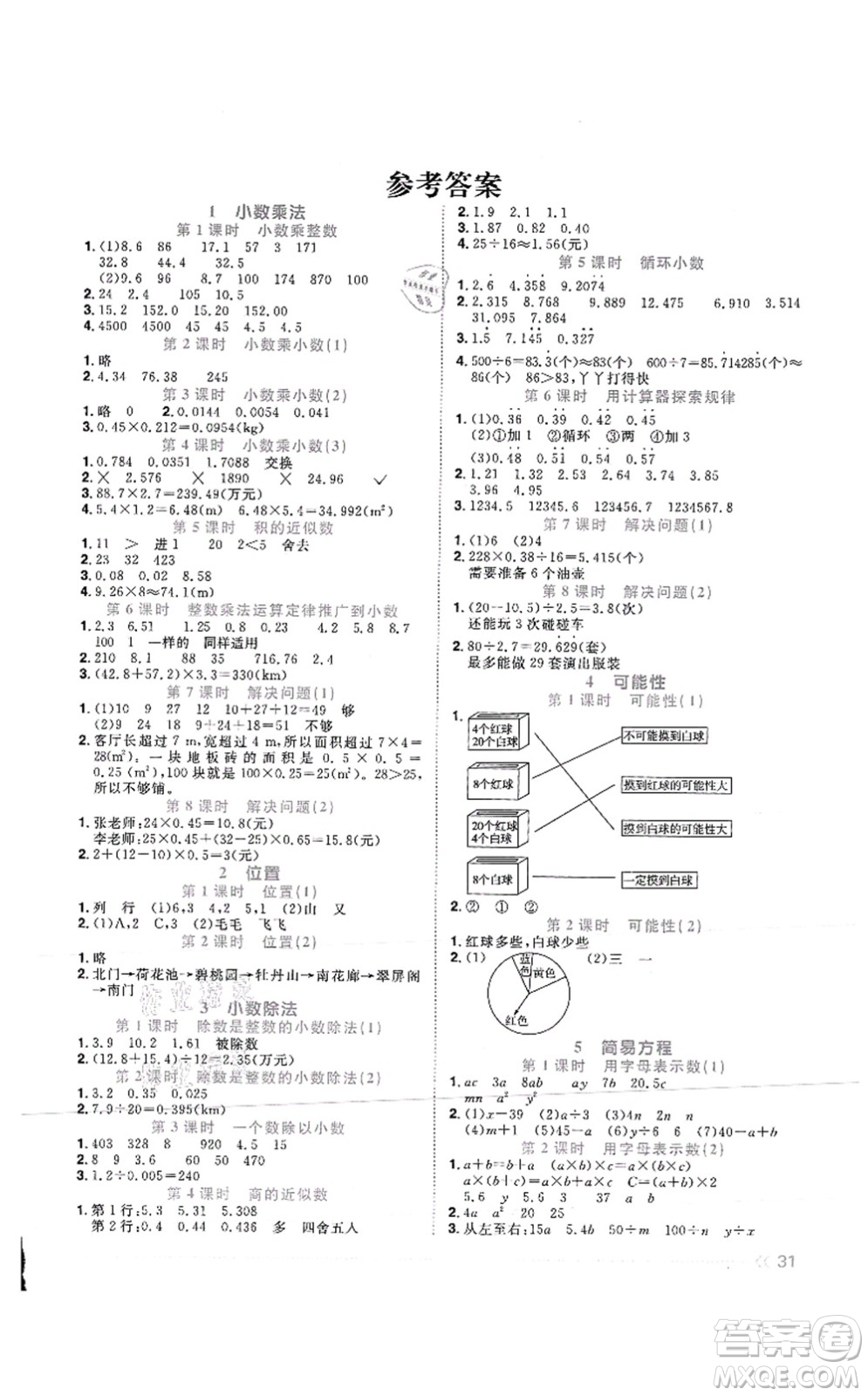 江西教育出版社2021陽光同學(xué)課時(shí)優(yōu)化作業(yè)五年級數(shù)學(xué)上冊RJ人教版菏澤專版答案