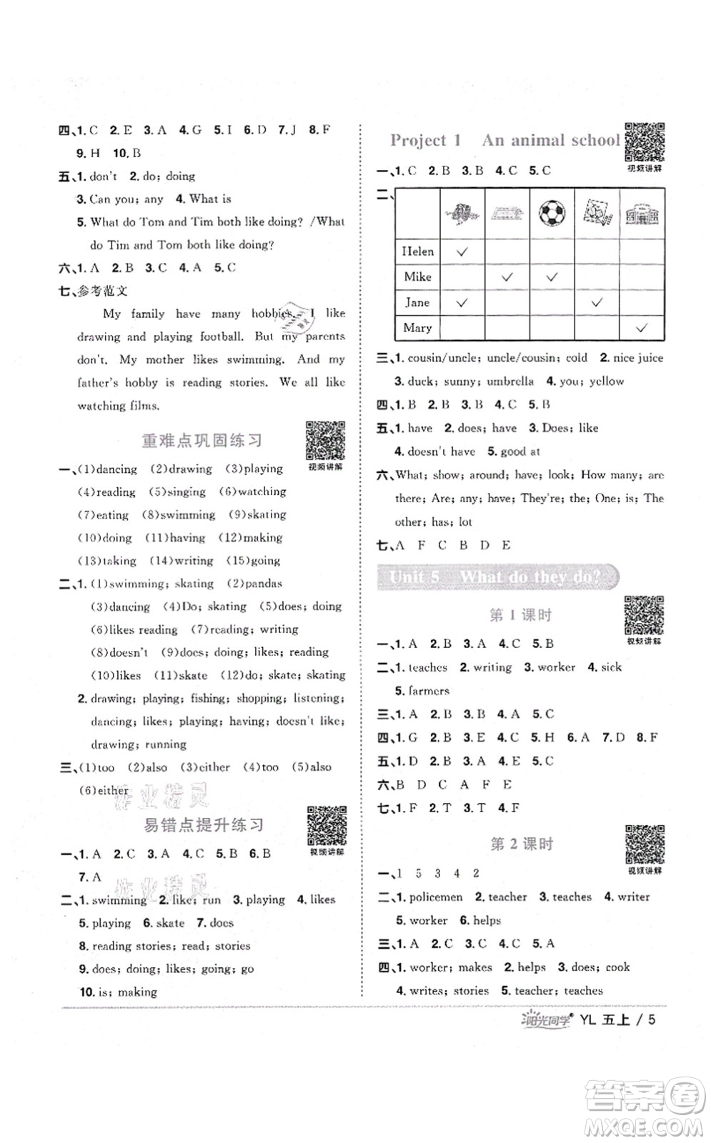 江西教育出版社2021陽光同學(xué)課時優(yōu)化作業(yè)五年級英語上冊YL譯林版淮宿連專版答案