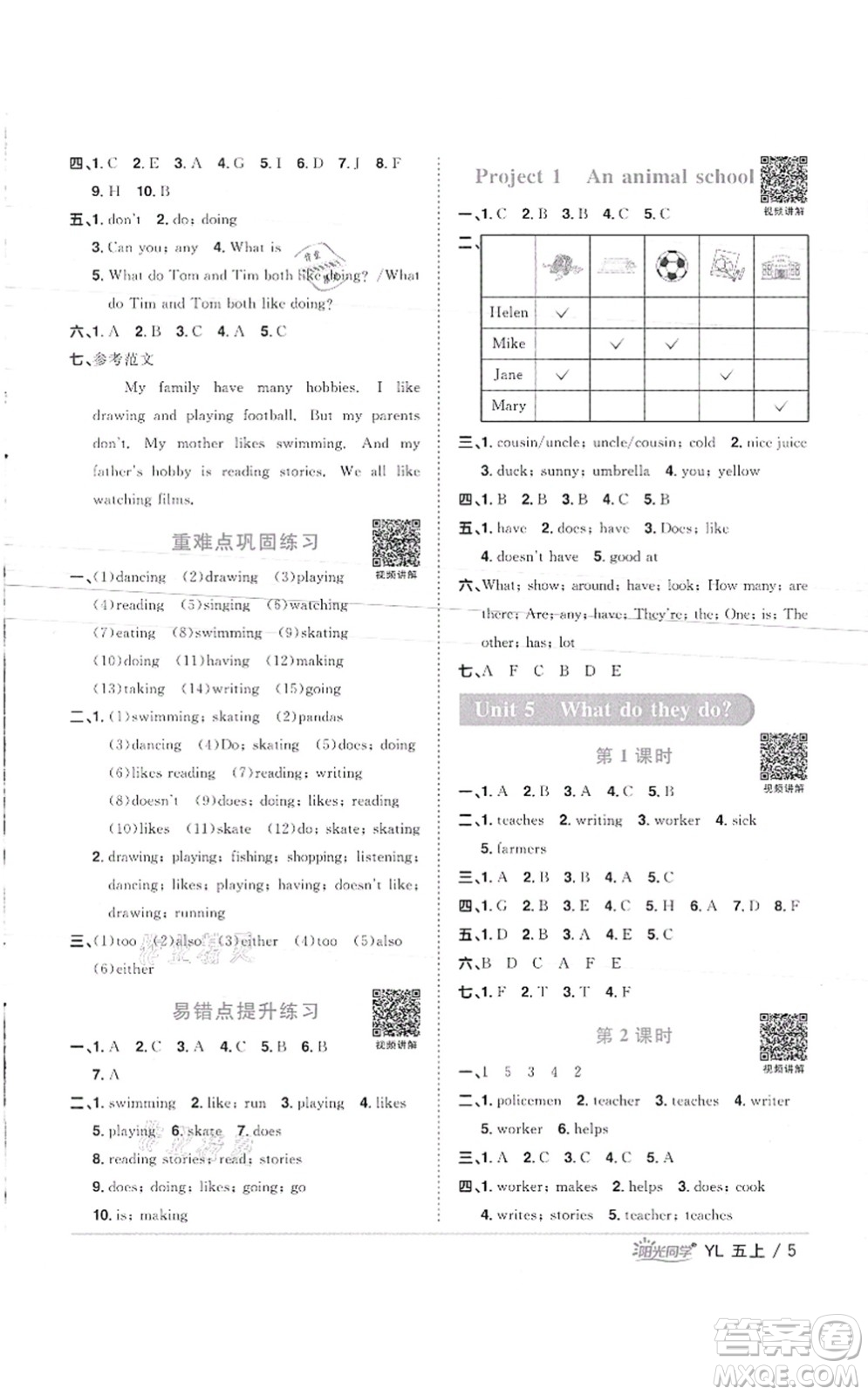 江西教育出版社2021陽光同學課時優(yōu)化作業(yè)五年級英語上冊YL譯林版徐州專版答案