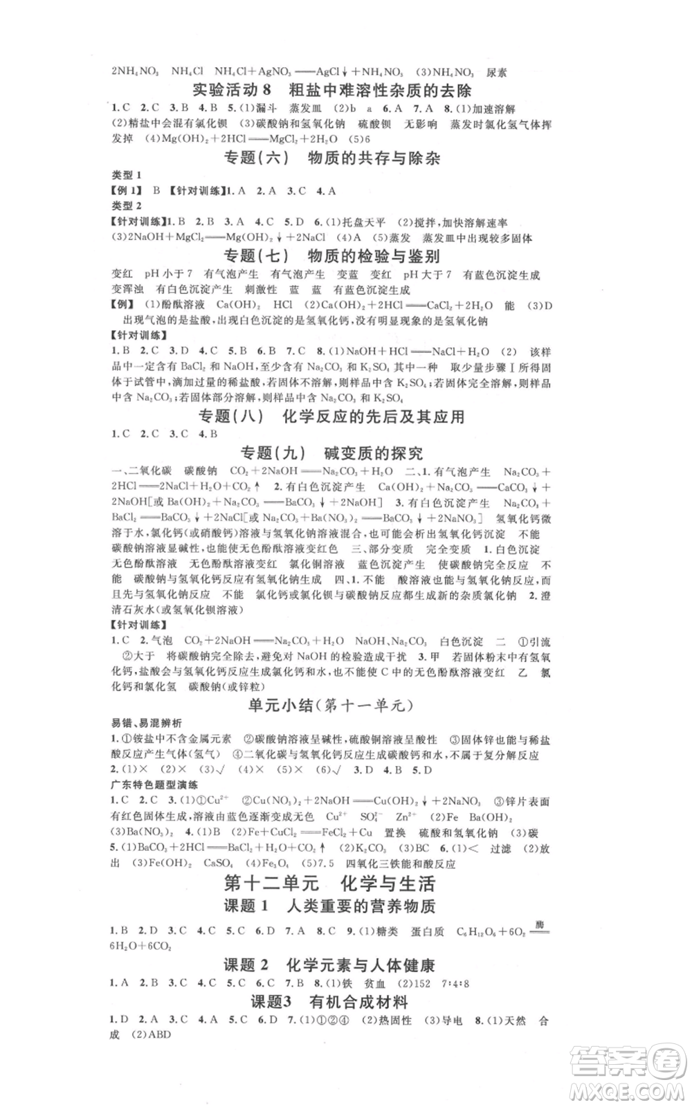 安徽師范大學出版社2021名校課堂九年級化學人教版課堂作業(yè)廣東專版參考答案