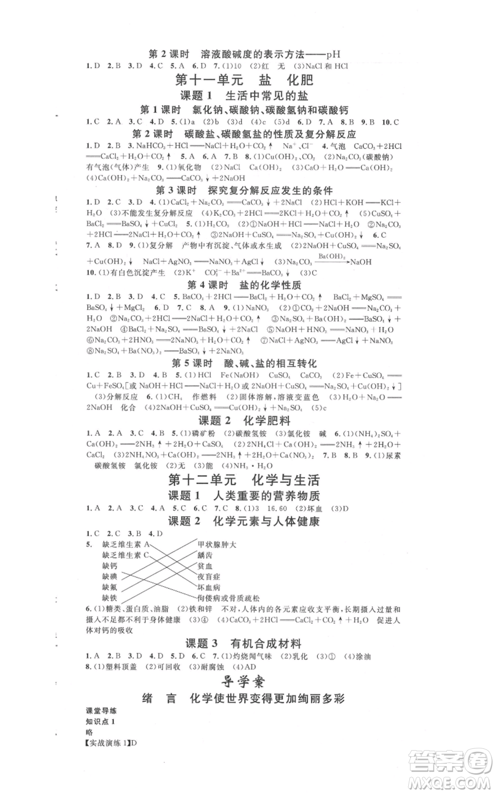 安徽師范大學出版社2021名校課堂九年級化學人教版課堂作業(yè)廣東專版參考答案