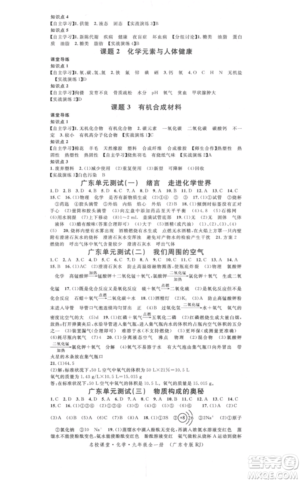 安徽師范大學出版社2021名校課堂九年級化學人教版課堂作業(yè)廣東專版參考答案