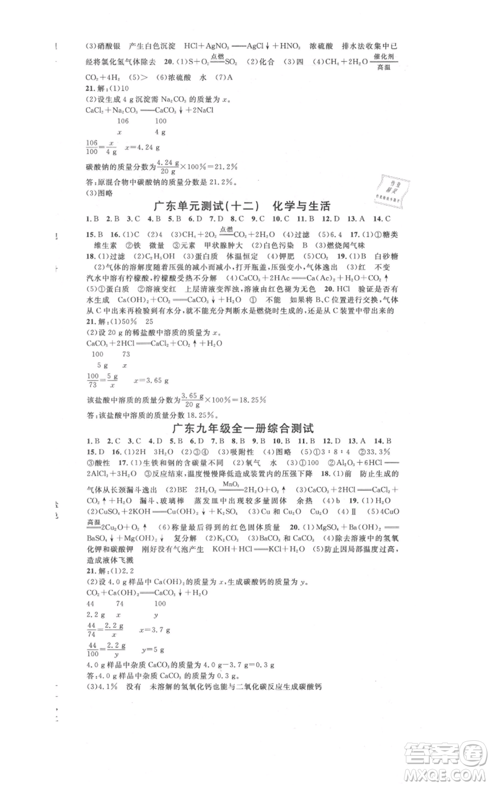 安徽師范大學出版社2021名校課堂九年級化學人教版課堂作業(yè)廣東專版參考答案