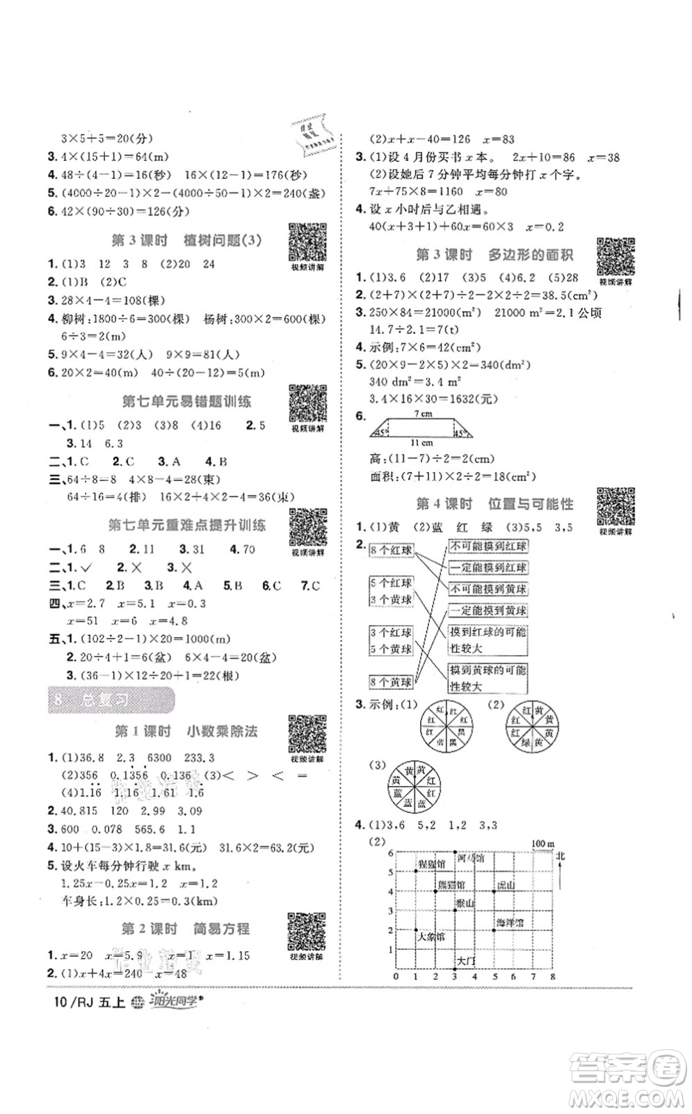 江西教育出版社2021陽光同學課時優(yōu)化作業(yè)五年級數學上冊RJ人教版江門專版答案