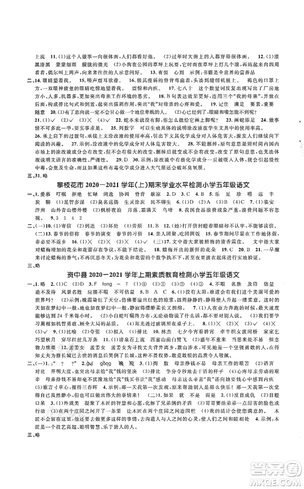 江西教育出版社2021陽光同學課時優(yōu)化作業(yè)五年級語文上冊RJ人教版四川專版答案