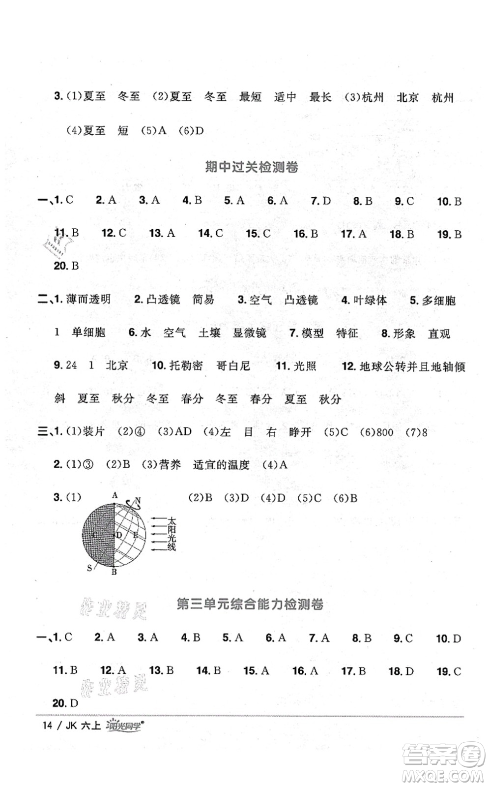 江西教育出版社2021陽(yáng)光同學(xué)課時(shí)優(yōu)化作業(yè)六年級(jí)科學(xué)上冊(cè)JK教科版答案