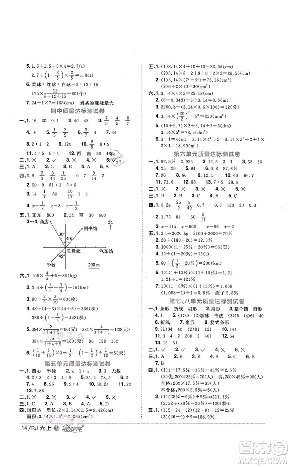 江西教育出版社2021陽光同學(xué)課時優(yōu)化作業(yè)六年級數(shù)學(xué)上冊RJ人教版江門專版答案