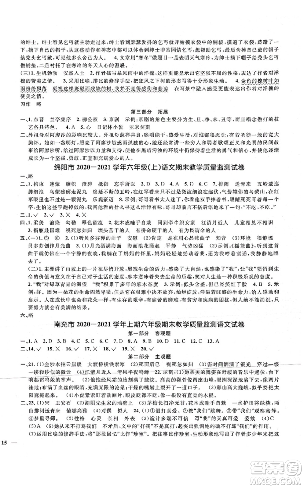 江西教育出版社2021陽光同學課時優(yōu)化作業(yè)六年級語文上冊RJ人教版四川專版答案