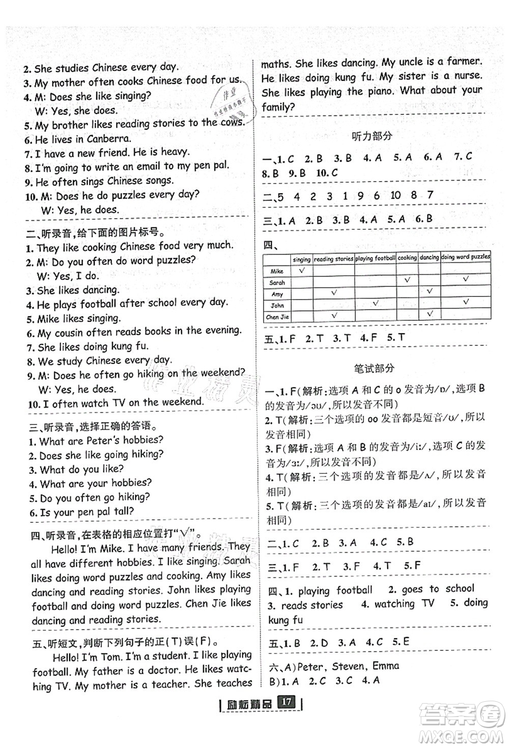 延邊人民出版社2021勵(lì)耘新同步六年級(jí)英語(yǔ)上冊(cè)人教版答案