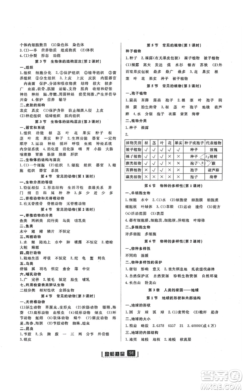 延邊人民出版社2021勵耘新同步七年級科學(xué)上冊AB本浙教版答案
