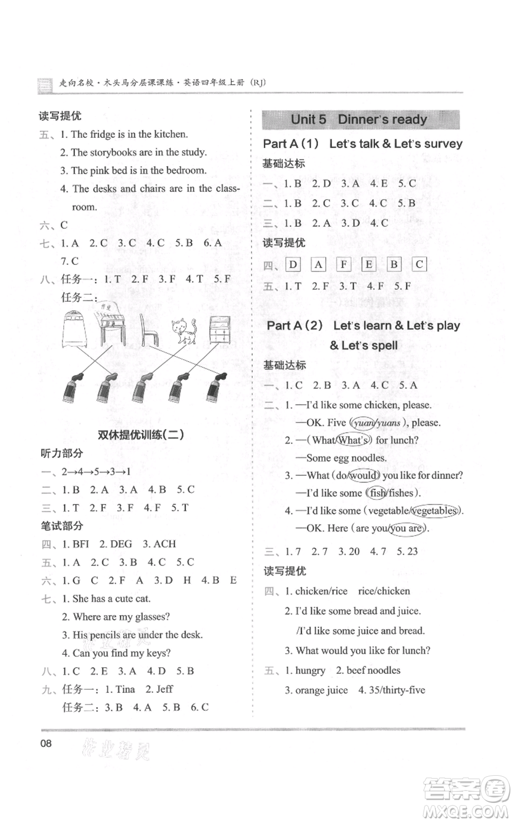湖南師范大學(xué)出版社2021木頭馬分層課課練四年級(jí)上冊英語人教版參考答案