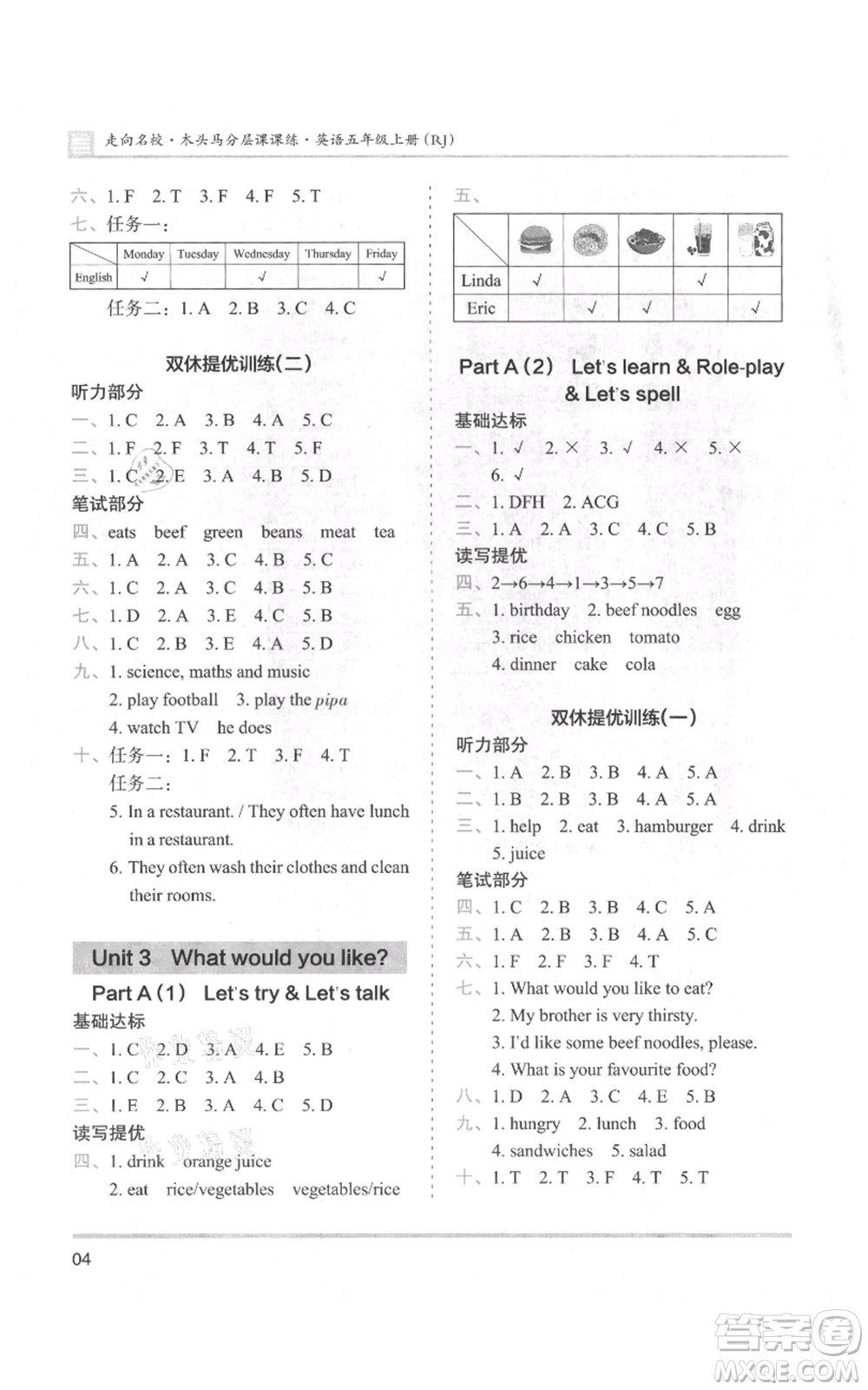 湖南師范大學(xué)出版社2021木頭馬分層課課練五年級上冊英語人教版參考答案