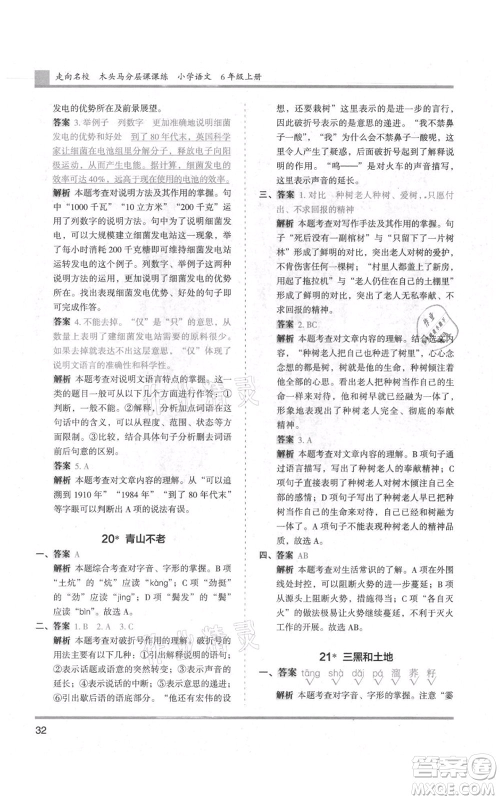 湖南師范大學(xué)出版社2021木頭馬分層課課練六年級(jí)上冊(cè)語文人教版浙江專版參考答案