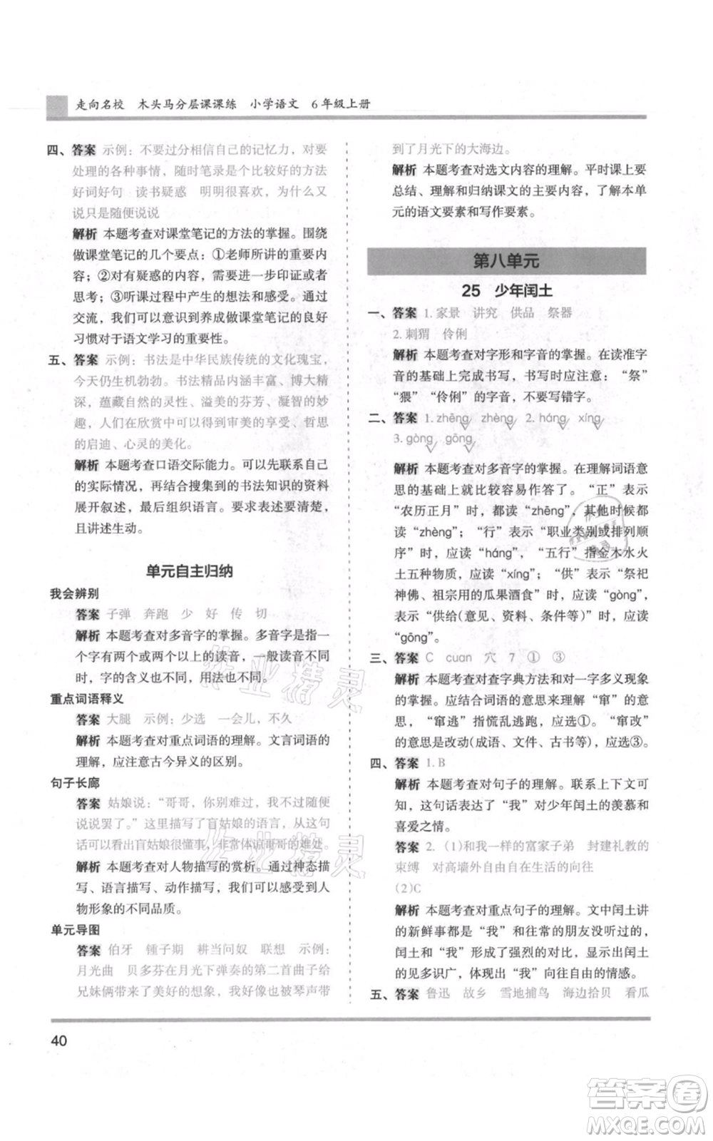 湖南師范大學(xué)出版社2021木頭馬分層課課練六年級(jí)上冊(cè)語文人教版浙江專版參考答案