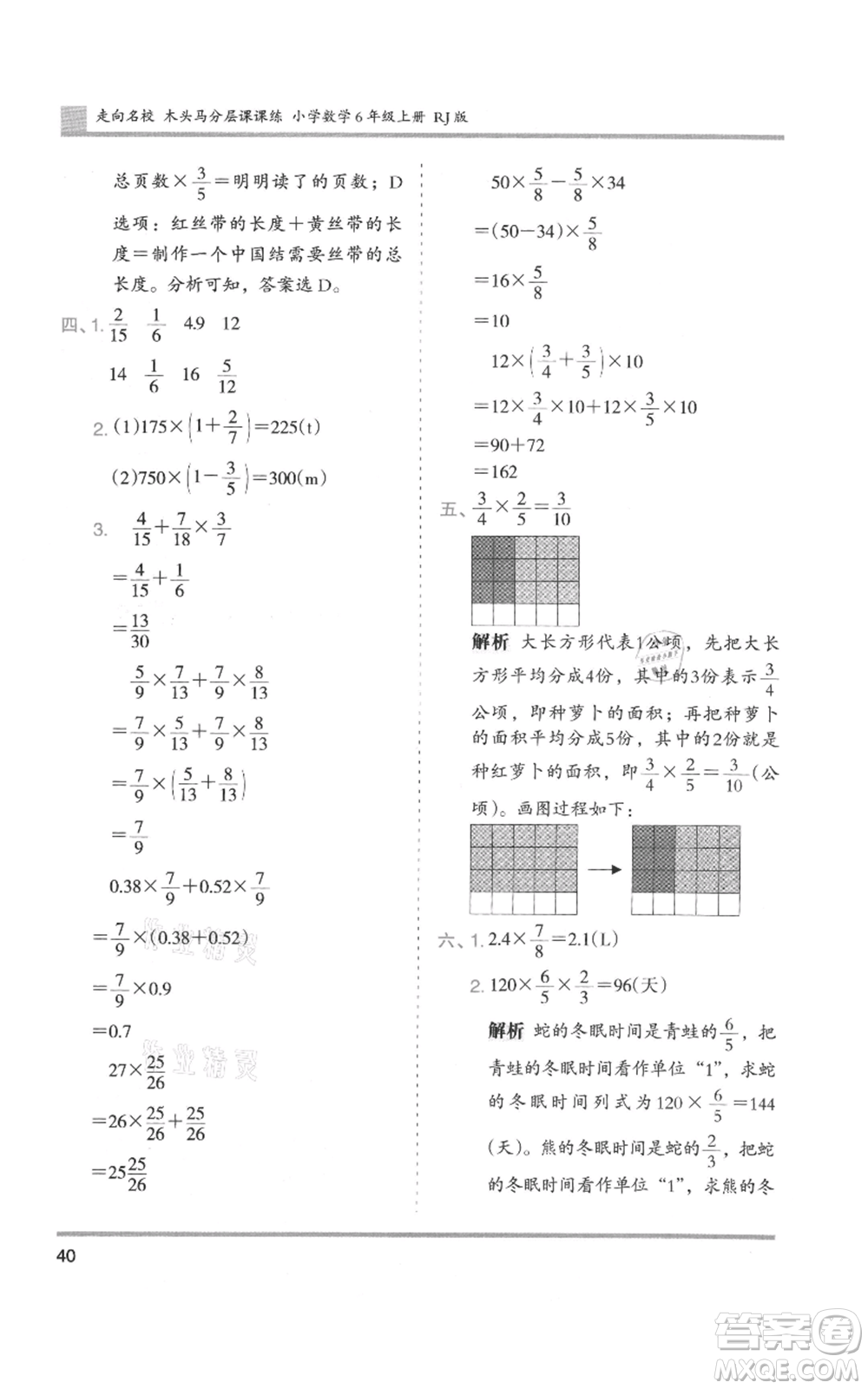 湖南師范大學(xué)出版社2021木頭馬分層課課練六年級上冊數(shù)學(xué)人教版浙江專版參考答案