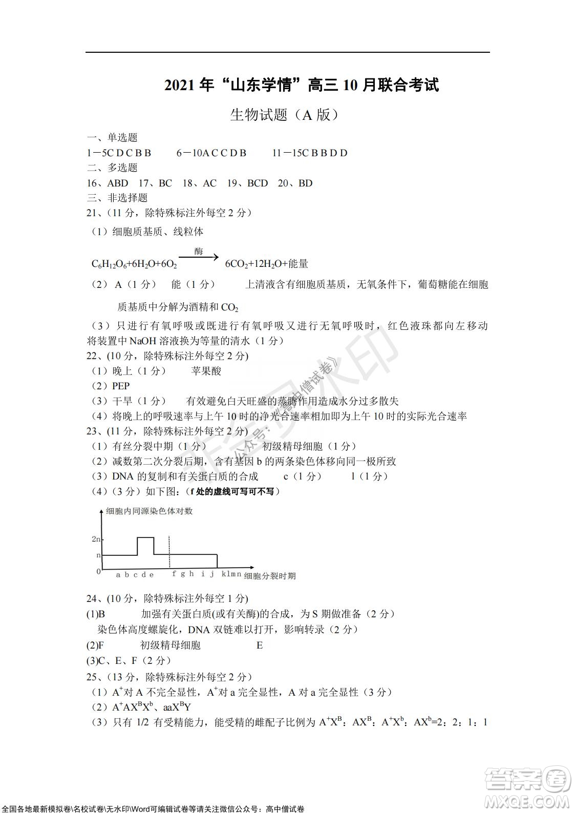 2021年山東學情高三10月聯(lián)合考試生物試題A卷答案