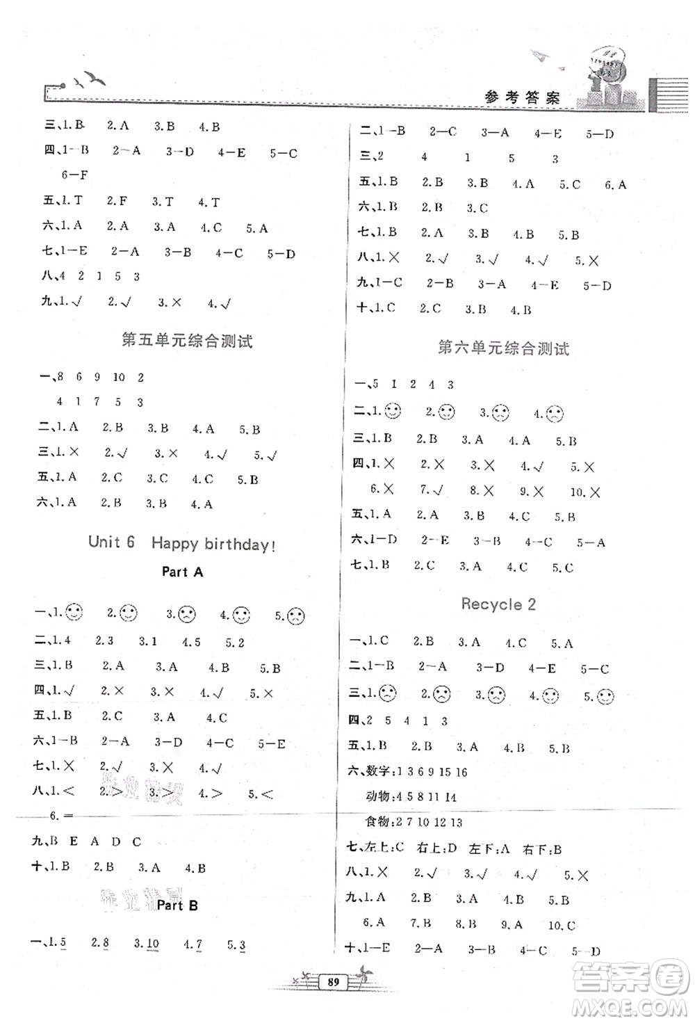 人民教育出版社2021陽光課堂金牌練習(xí)冊三年級英語上冊人教版答案