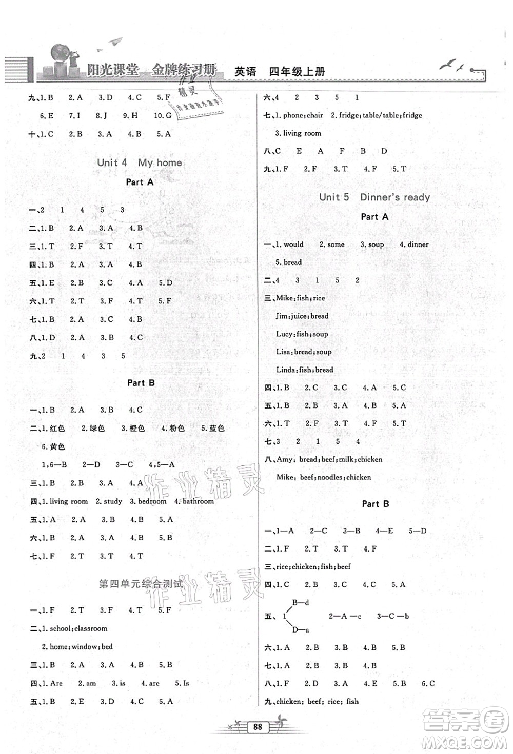 人民教育出版社2021陽(yáng)光課堂金牌練習(xí)冊(cè)四年級(jí)英語(yǔ)上冊(cè)人教版答案