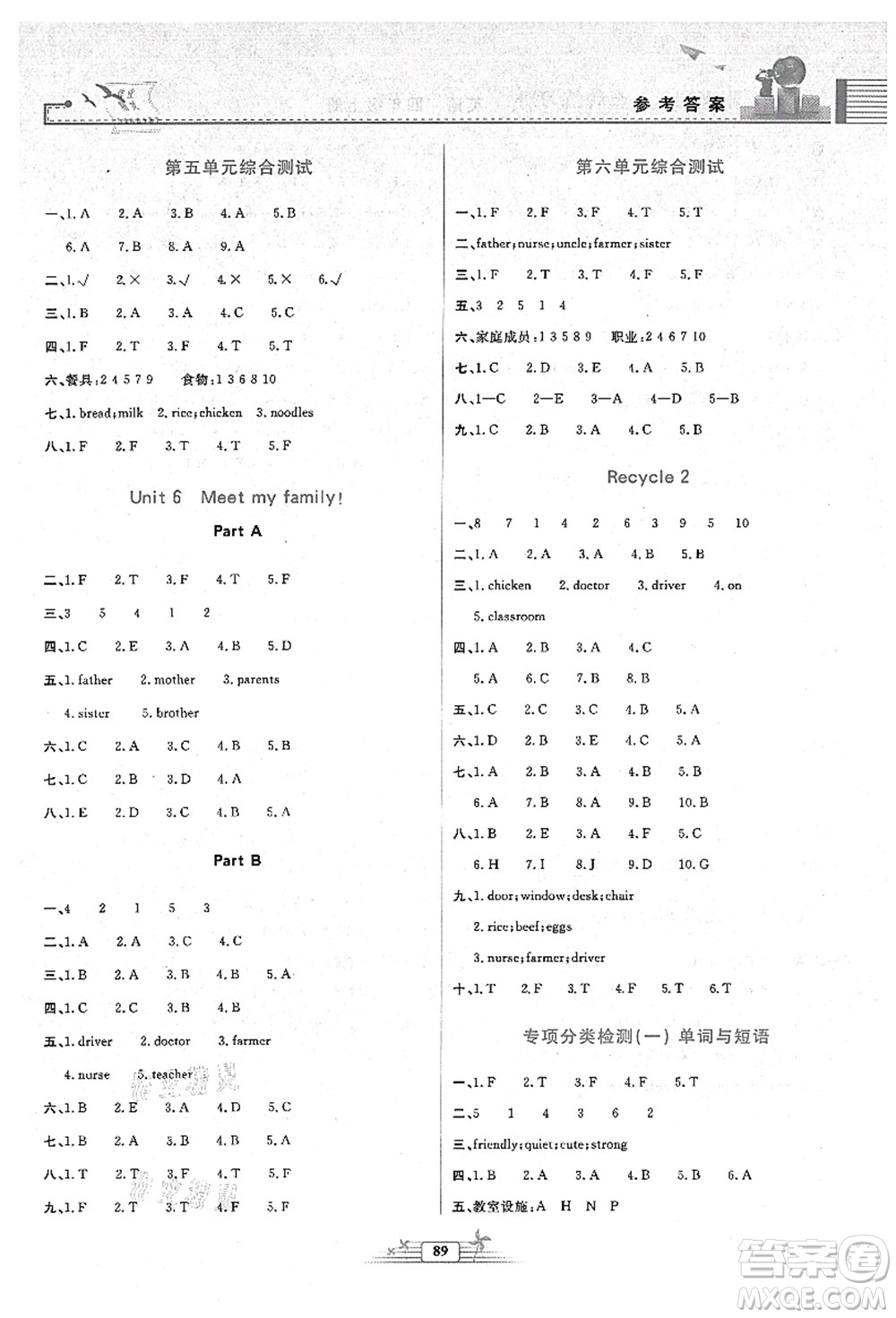 人民教育出版社2021陽(yáng)光課堂金牌練習(xí)冊(cè)四年級(jí)英語(yǔ)上冊(cè)人教版答案