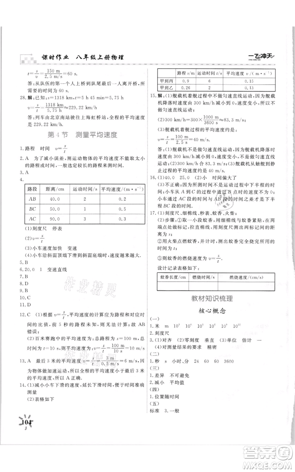 天津人民出版社2021一飛沖天課時作業(yè)八年級上冊物理人教版參考答案