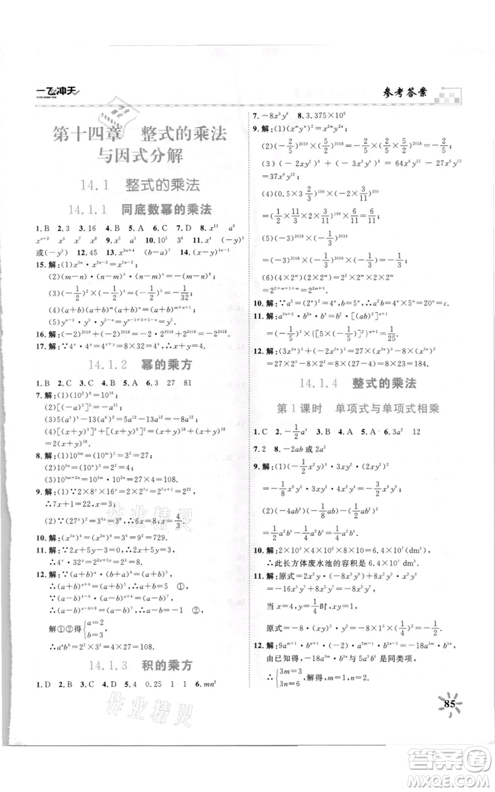 天津人民出版社2021一飛沖天課時作業(yè)八年級上冊數(shù)學人教版參考答案