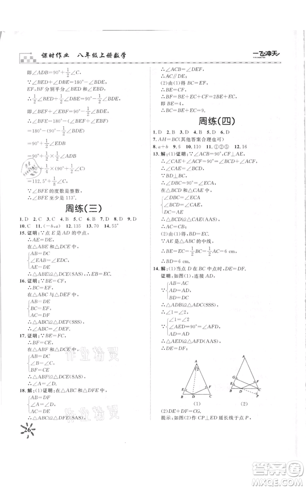 天津人民出版社2021一飛沖天課時作業(yè)八年級上冊數(shù)學人教版參考答案