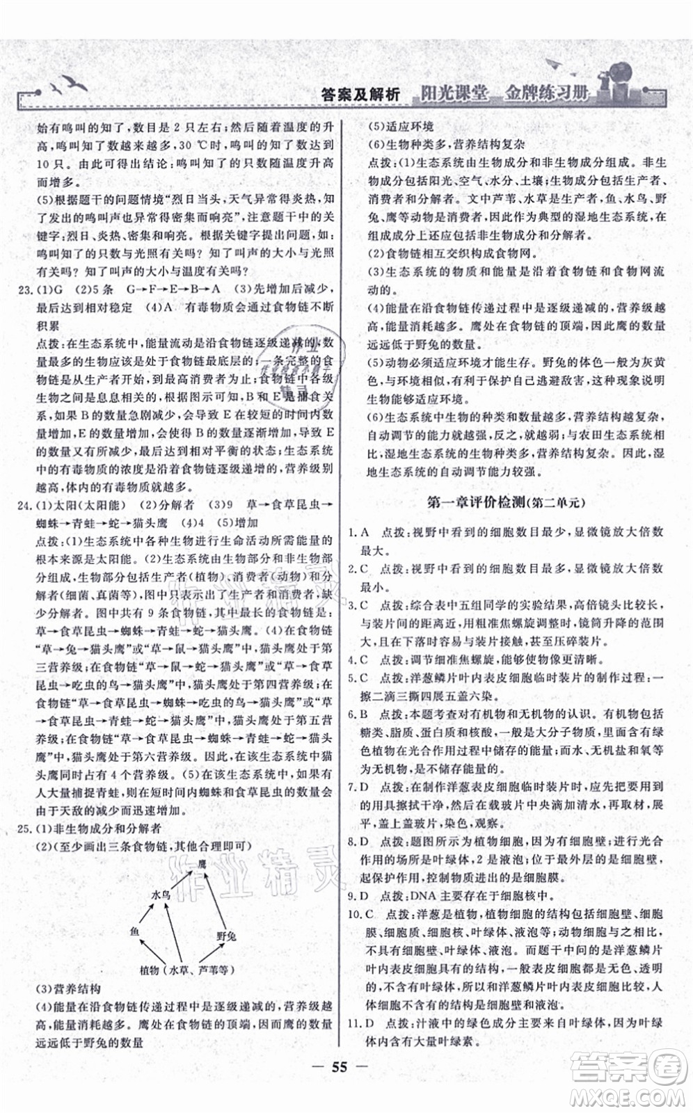 人民教育出版社2021陽光課堂金牌練習冊七年級生物上冊人教版答案