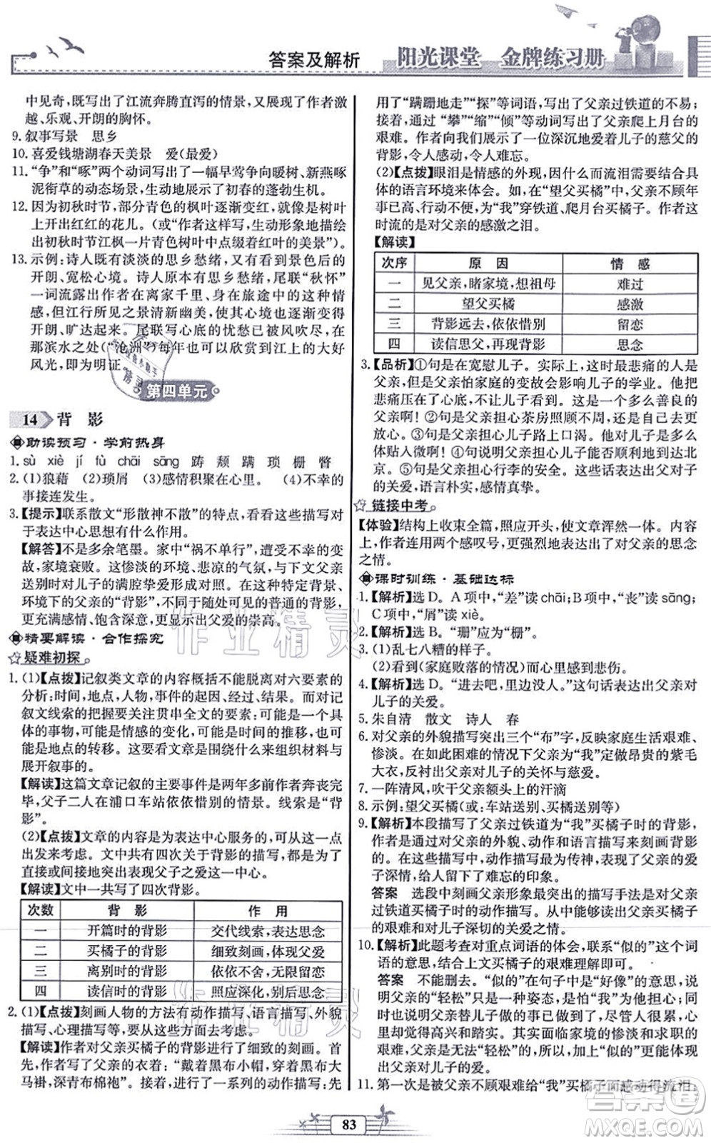 人民教育出版社2021陽光課堂金牌練習(xí)冊八年級語文上冊人教版福建專版答案