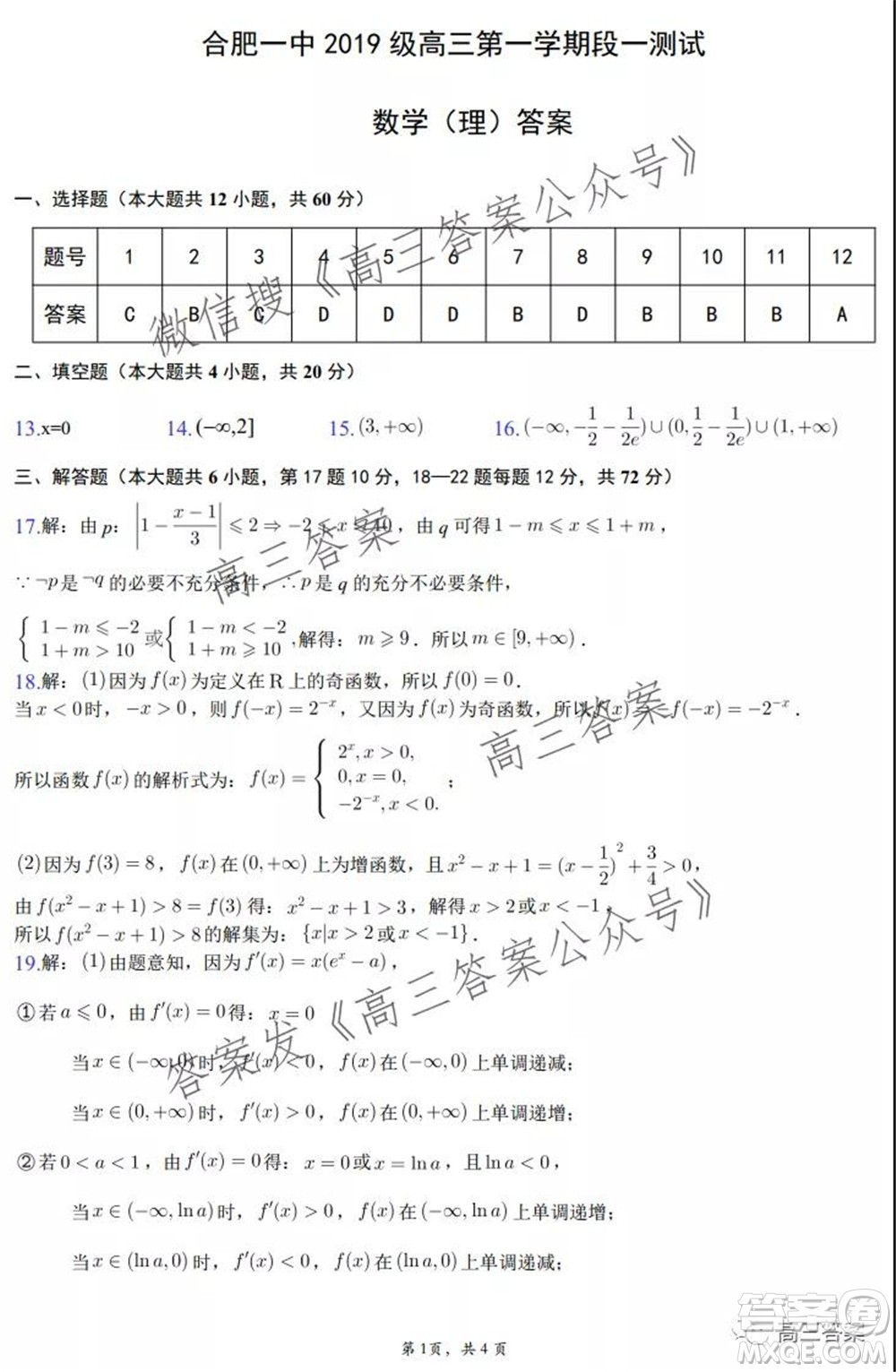 合肥一中2019級(jí)高三第一學(xué)期段一測(cè)試?yán)砜茢?shù)學(xué)試題及答案
